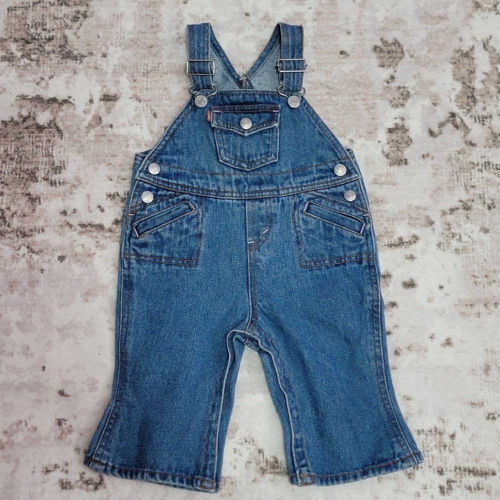 Levis Baby Girls Denim Overalls Medium Wash Blue 100% Cotton‎ 12M Snap Inseam